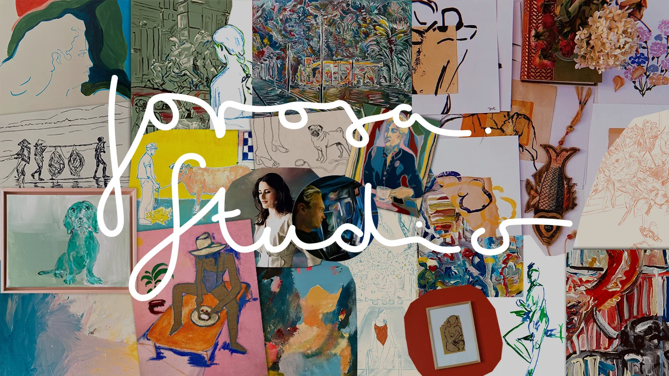 Collage aus Arbeiten von Jorosa Studio mit Josephina und Robin und dem Schriftzug jorosa. studio