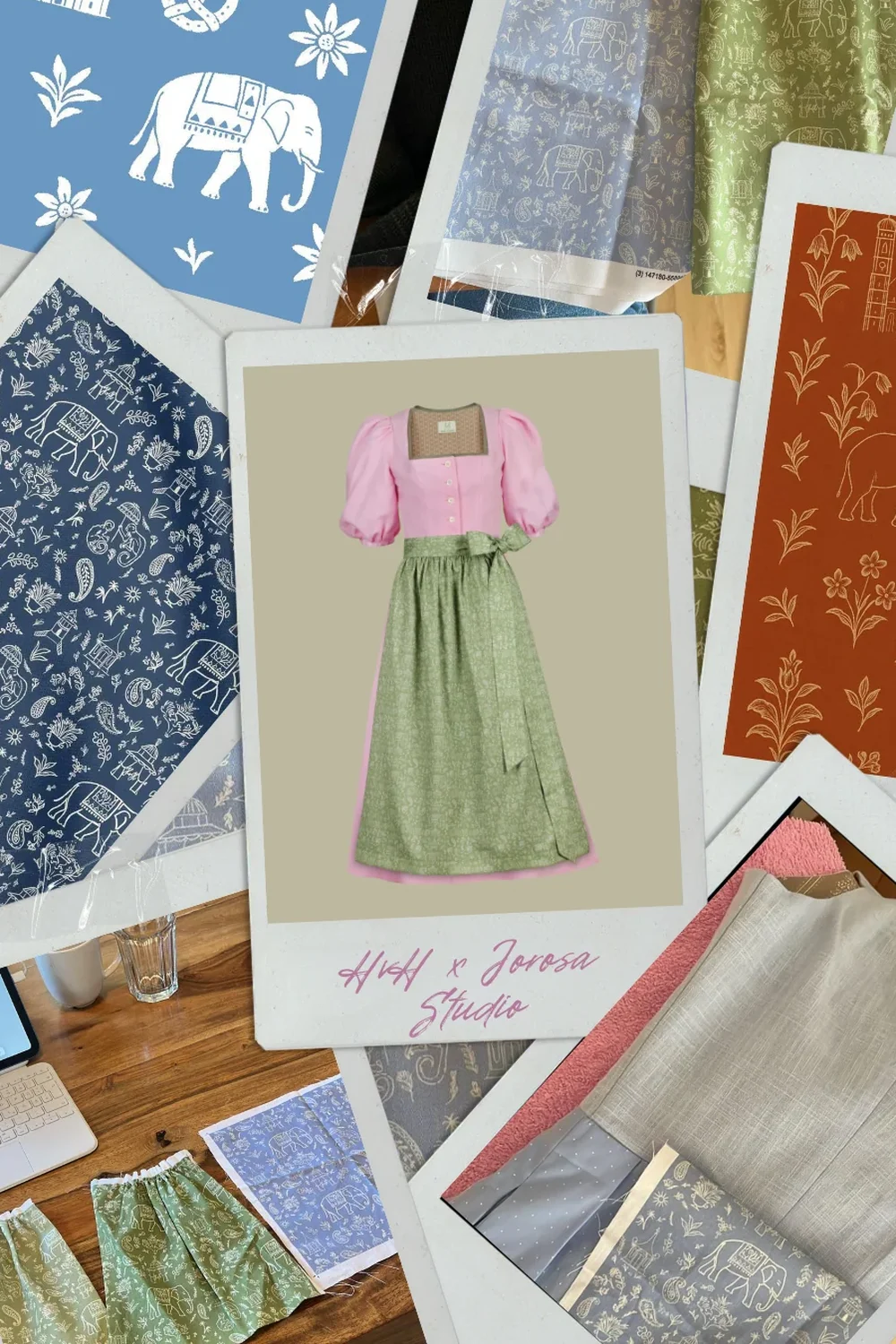 Collage aus Stoffmustern mit Elefanten, Pavillons und Ornamenten rund um ein Dirndl von HvH